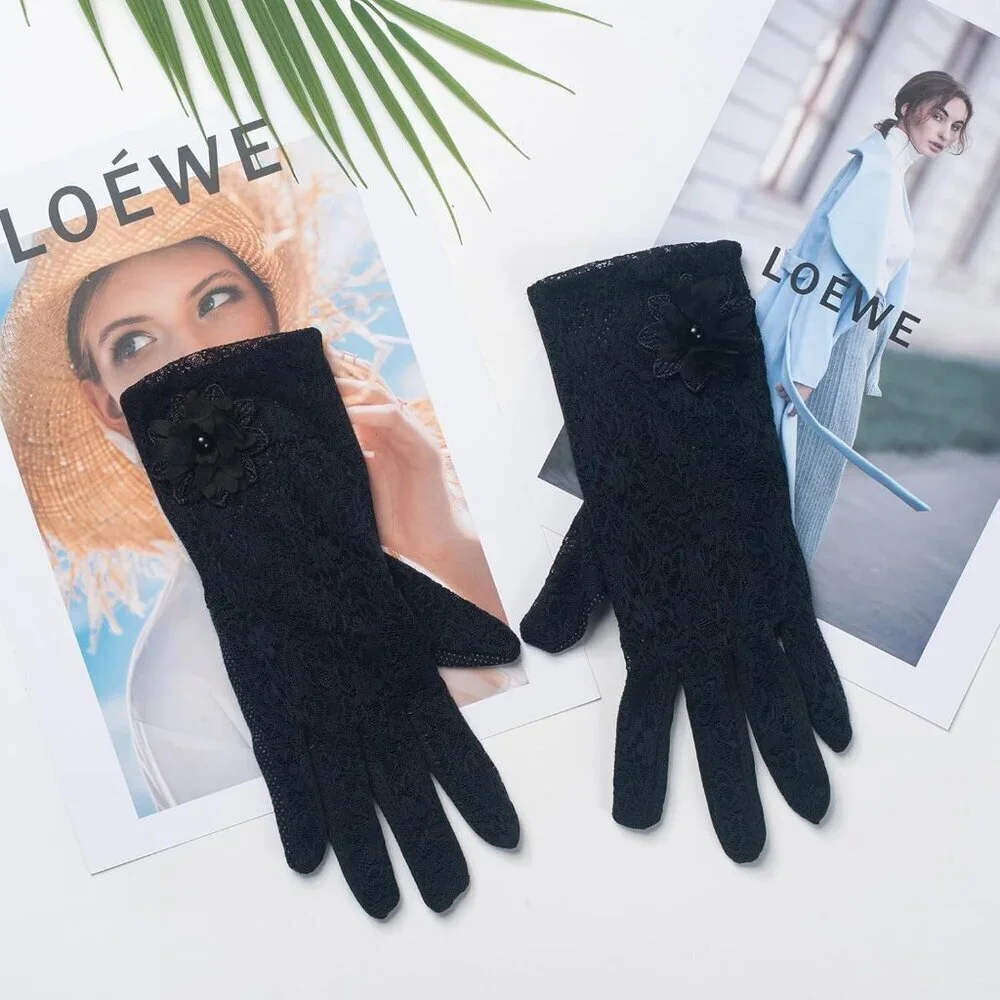 Women's Floral Black Short Lace Gloves Wedding Halloween Cosplay Party Prom